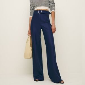 REFORMATION Ace Linen Pant Wide Leg Flare Belted Danube Blue 8